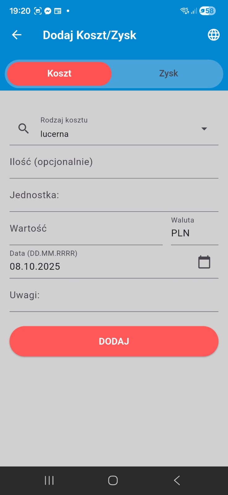 FarmManager PL dodaj koszt